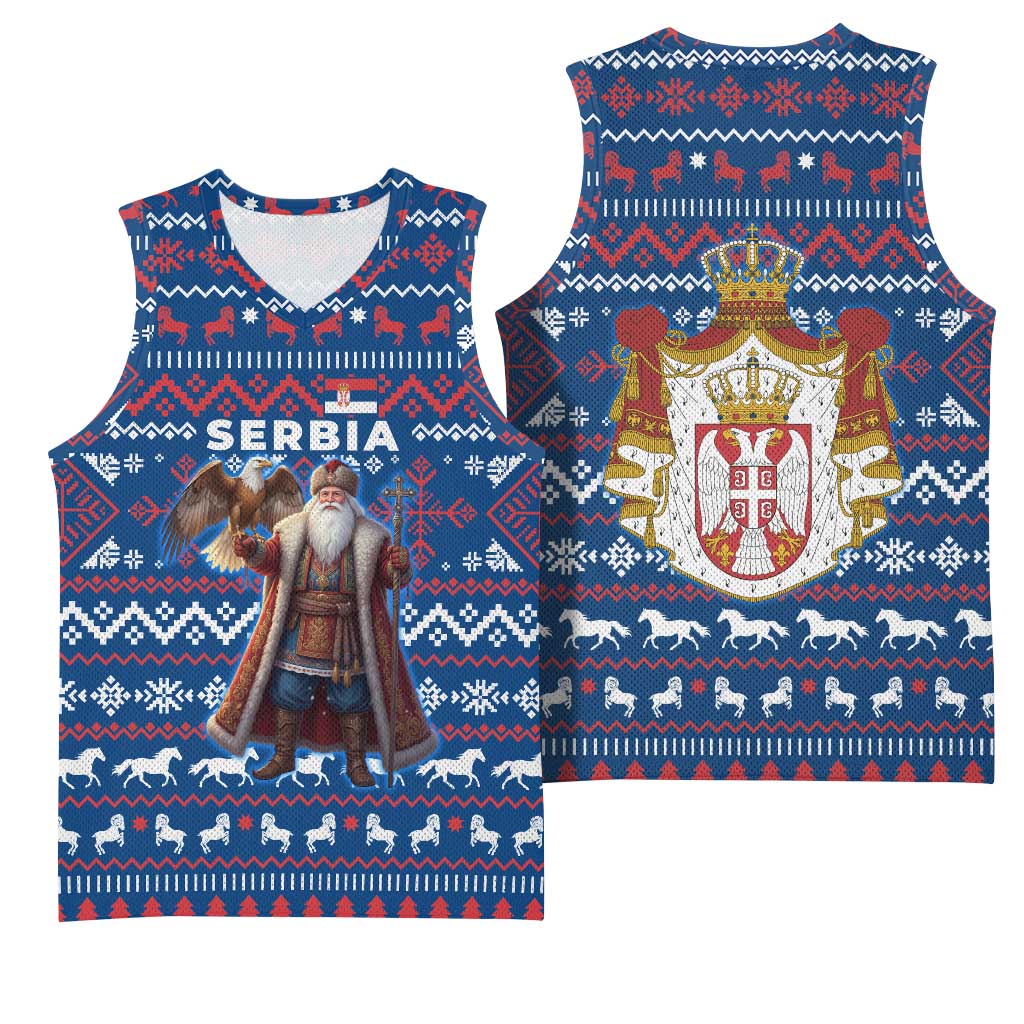 Serbia Christmas Basketball Jersey with Traditional Santa Eagle Serbian Coat of Arms and Blue Red White Folk Pattern Design - Wonder Print Shop