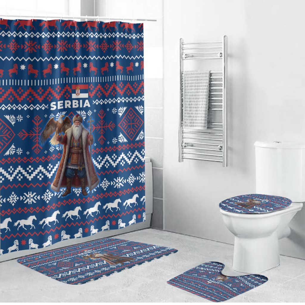 Serbia Christmas Bathroom Set with Traditional Santa Eagle Serbian Coat of Arms and Blue Red White Folk Pattern Design - Wonder Print Shop