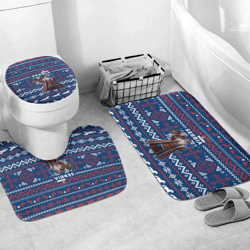 Serbia Christmas Bathroom Set with Traditional Santa Eagle Serbian Coat of Arms and Blue Red White Folk Pattern Design - Wonder Print Shop