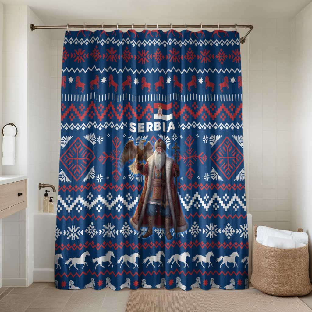 Serbia Christmas Bathroom Set with Traditional Santa Eagle Serbian Coat of Arms and Blue Red White Folk Pattern Design - Wonder Print Shop