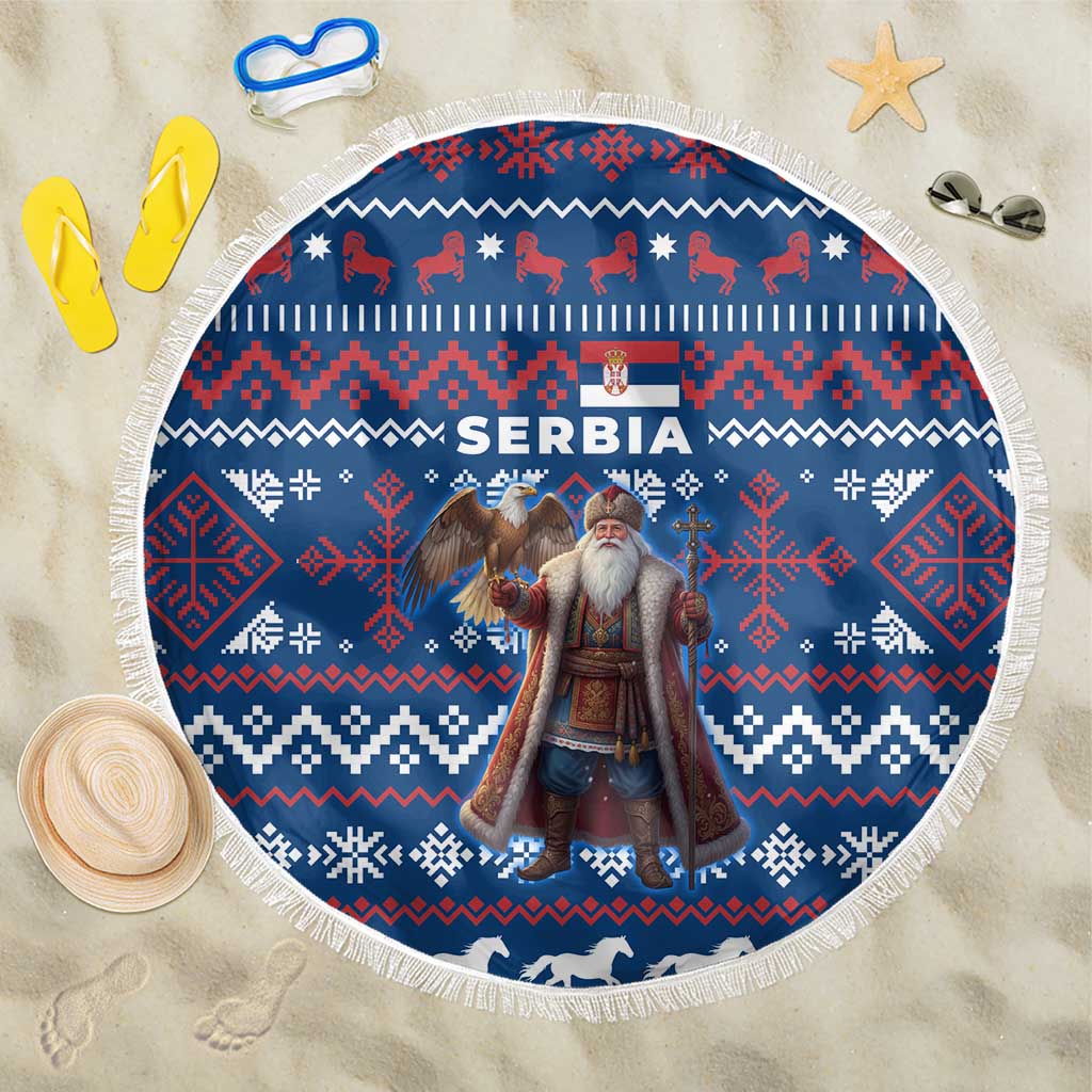 Serbia Christmas Beach Blanket with Traditional Santa Eagle Serbian Coat of Arms and Blue Red White Folk Pattern Design - Wonder Print Shop