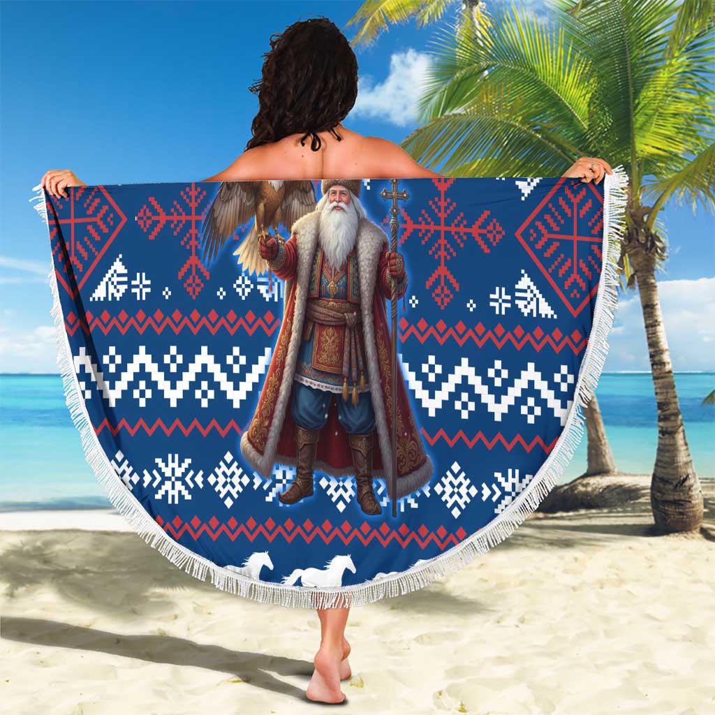 Serbia Christmas Beach Blanket with Traditional Santa Eagle Serbian Coat of Arms and Blue Red White Folk Pattern Design - Wonder Print Shop