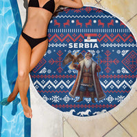 Serbia Christmas Beach Blanket with Traditional Santa Eagle Serbian Coat of Arms and Blue Red White Folk Pattern Design - Wonder Print Shop