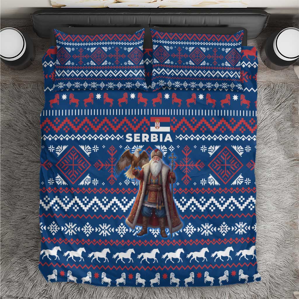 Serbia Christmas Bedding Set with Traditional Santa Eagle Serbian Coat of Arms and Blue Red White Folk Pattern Design - Wonder Print Shop