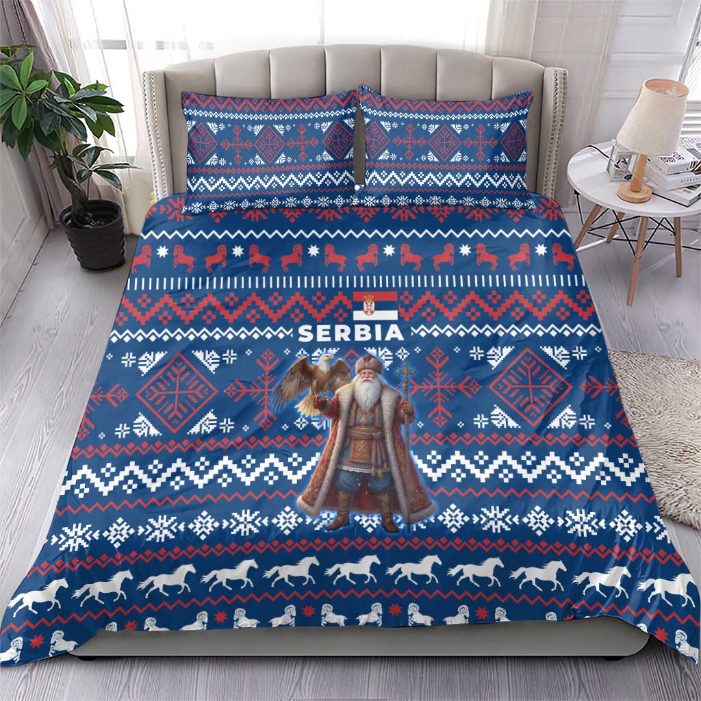 Serbia Christmas Bedding Set with Traditional Santa Eagle Serbian Coat of Arms and Blue Red White Folk Pattern Design - Wonder Print Shop