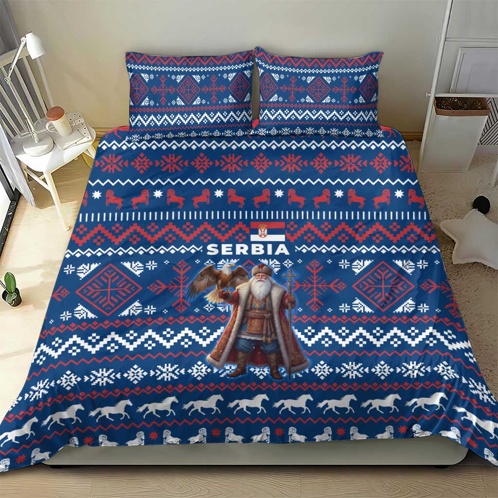 Serbia Christmas Bedding Set with Traditional Santa Eagle Serbian Coat of Arms and Blue Red White Folk Pattern Design - Wonder Print Shop