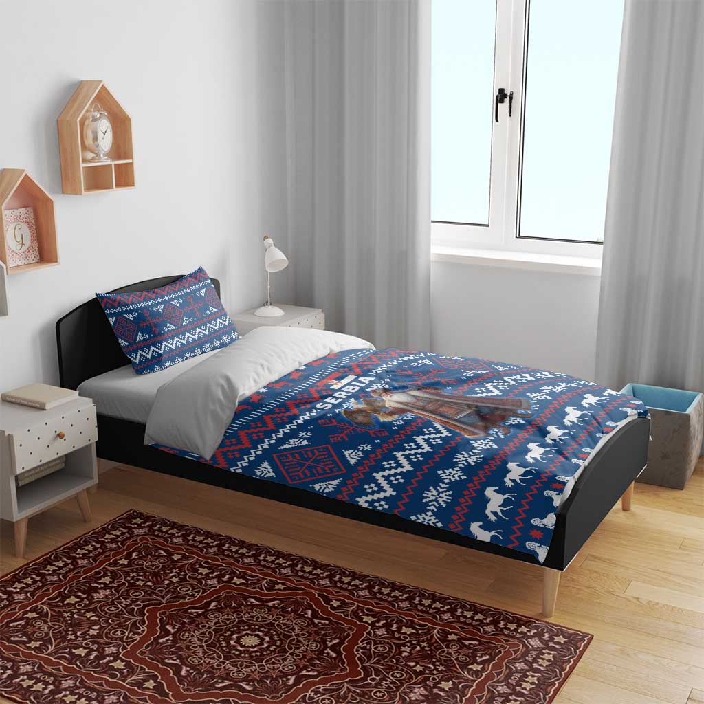 Serbia Christmas Bedding Set with Traditional Santa Eagle Serbian Coat of Arms and Blue Red White Folk Pattern Design - Wonder Print Shop