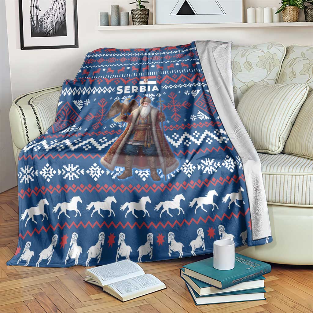 Serbia Christmas Blanket with Traditional Santa Eagle Serbian Coat of Arms and Blue Red White Folk Pattern Design - Wonder Print Shop