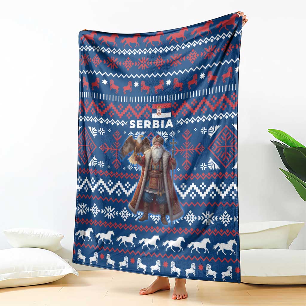 Serbia Christmas Blanket with Traditional Santa Eagle Serbian Coat of Arms and Blue Red White Folk Pattern Design - Wonder Print Shop