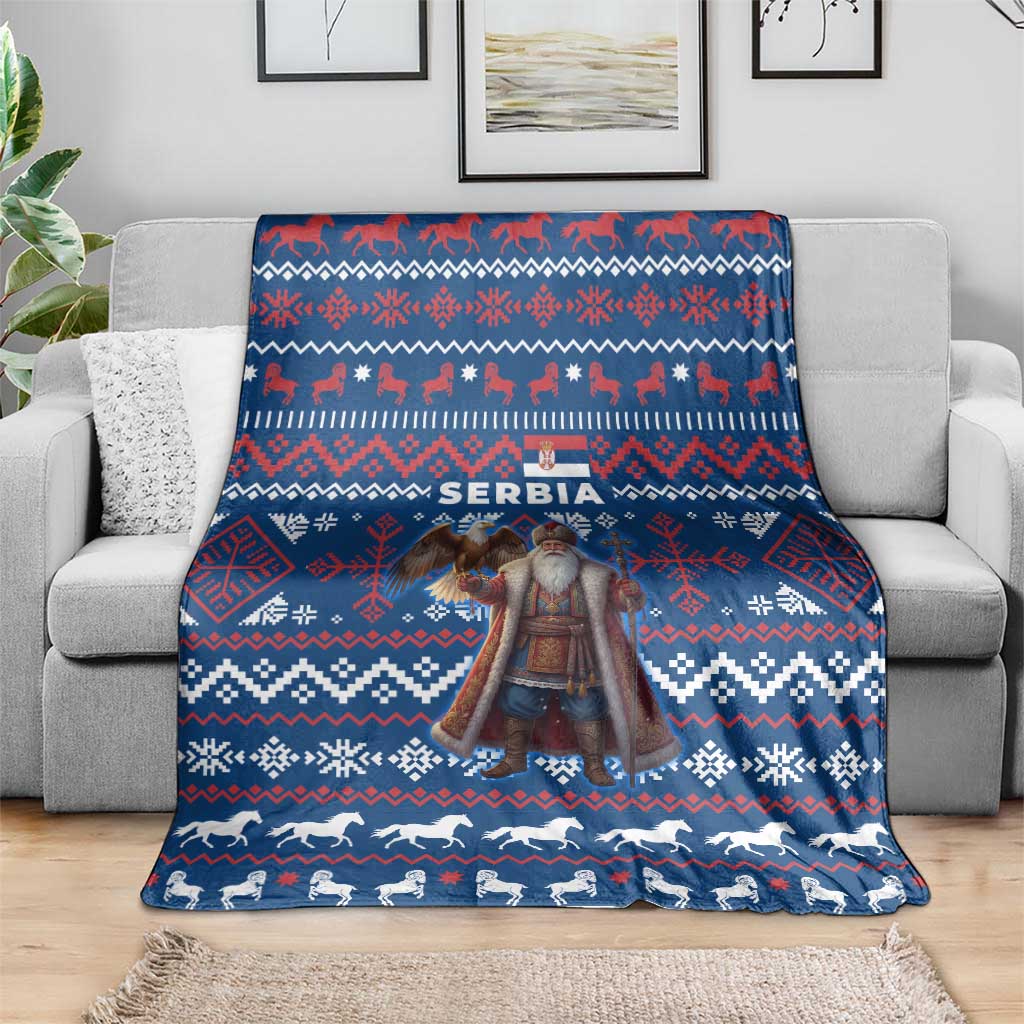 Serbia Christmas Blanket with Traditional Santa Eagle Serbian Coat of Arms and Blue Red White Folk Pattern Design - Wonder Print Shop