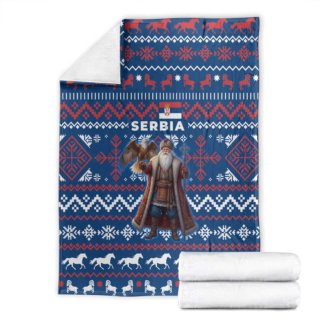 Serbia Christmas Blanket with Traditional Santa Eagle Serbian Coat of Arms and Blue Red White Folk Pattern Design - Wonder Print Shop