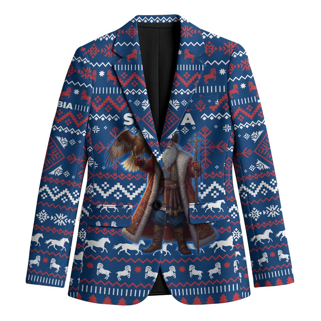 Serbia Christmas Blazer with Traditional Santa Eagle Serbian Coat of Arms and Blue Red White Folk Pattern Design - Wonder Print Shop