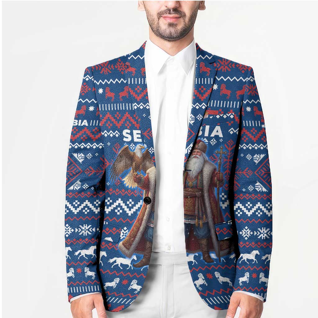 Serbia Christmas Blazer with Traditional Santa Eagle Serbian Coat of Arms and Blue Red White Folk Pattern Design - Wonder Print Shop