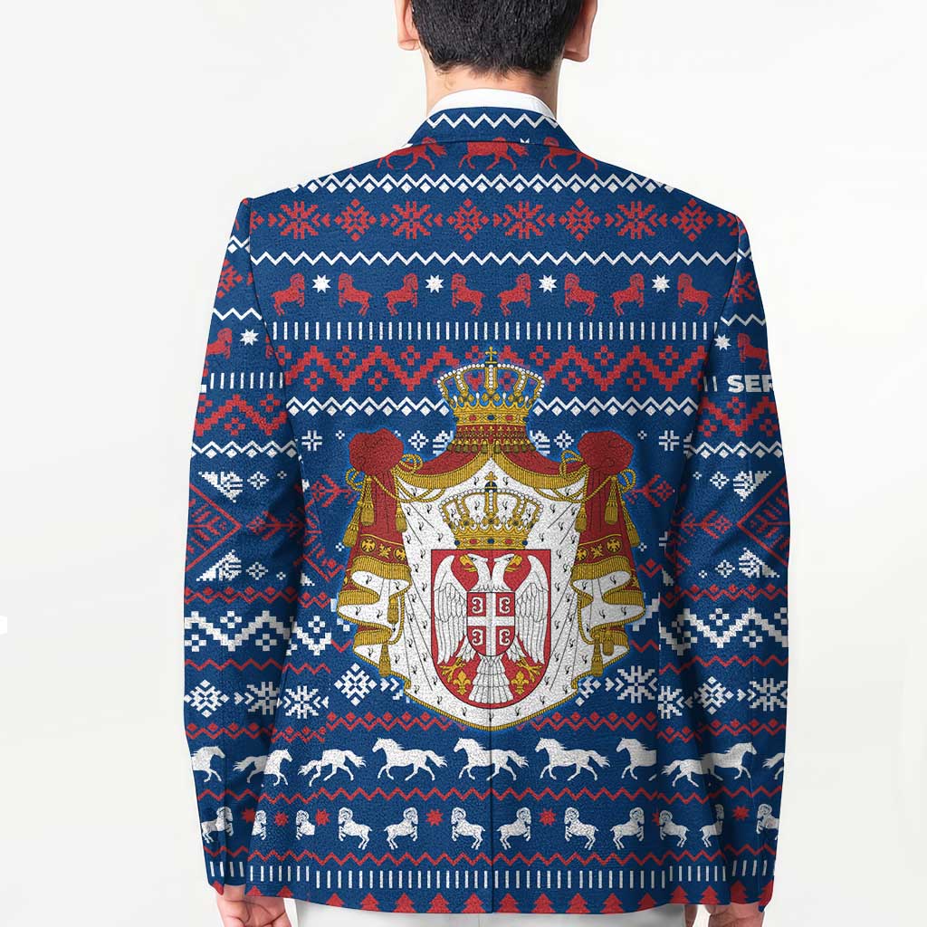 Serbia Christmas Blazer with Traditional Santa Eagle Serbian Coat of Arms and Blue Red White Folk Pattern Design - Wonder Print Shop