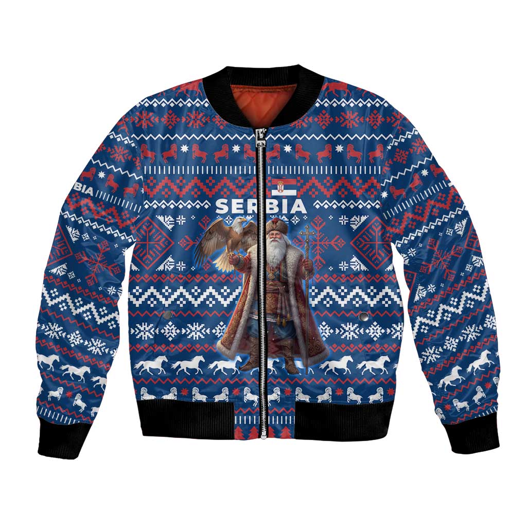 Serbia Christmas Bomber Jacket with Traditional Santa Eagle Serbian Coat of Arms and Blue Red White Folk Pattern Design - Wonder Print Shop