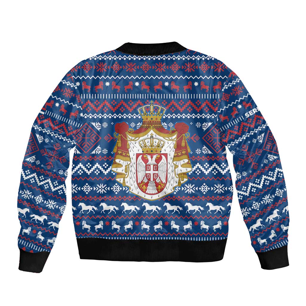 Serbia Christmas Bomber Jacket with Traditional Santa Eagle Serbian Coat of Arms and Blue Red White Folk Pattern Design - Wonder Print Shop