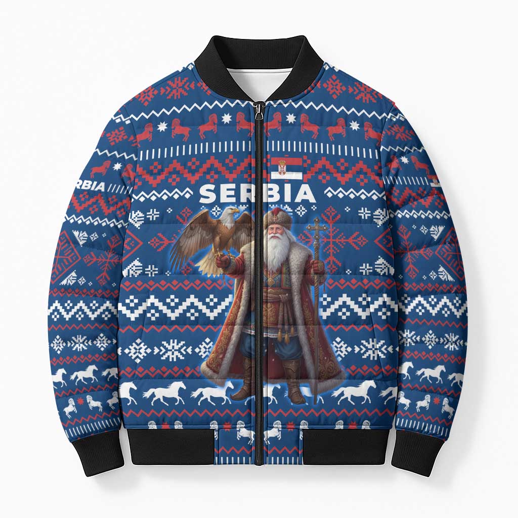 Serbia Christmas Bomber Puffer Jacket with Traditional Santa Eagle Serbian Coat of Arms and Blue Red White Folk Pattern Design - Wonder Print Shop