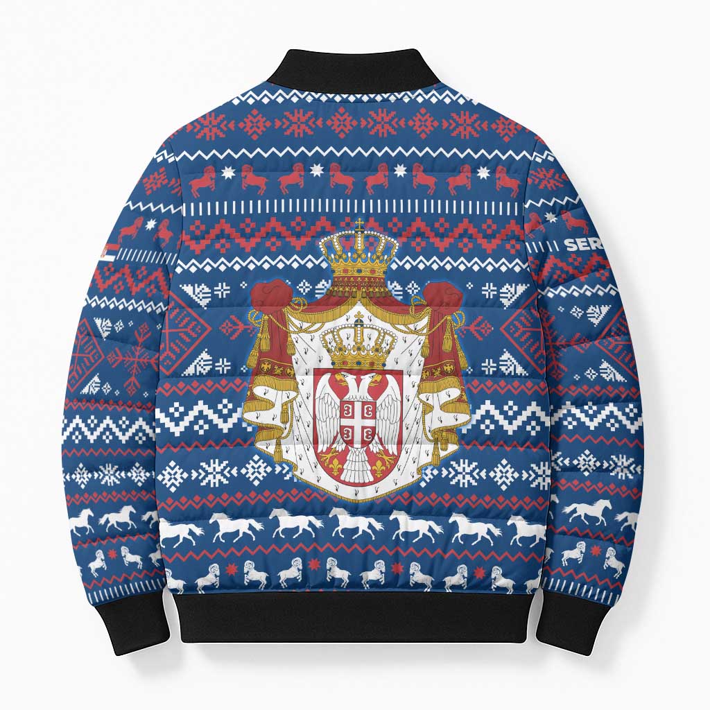 Serbia Christmas Bomber Puffer Jacket with Traditional Santa Eagle Serbian Coat of Arms and Blue Red White Folk Pattern Design - Wonder Print Shop
