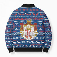 Serbia Christmas Bomber Puffer Jacket with Traditional Santa Eagle Serbian Coat of Arms and Blue Red White Folk Pattern Design - Wonder Print Shop