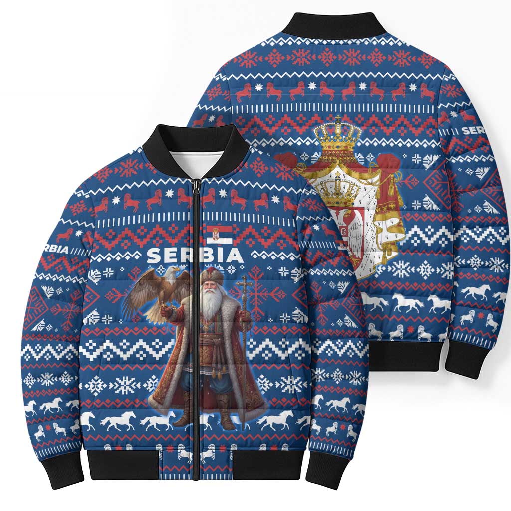 Serbia Christmas Bomber Puffer Jacket with Traditional Santa Eagle Serbian Coat of Arms and Blue Red White Folk Pattern Design - Wonder Print Shop