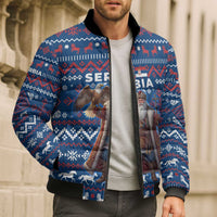 Serbia Christmas Bomber Puffer Jacket with Traditional Santa Eagle Serbian Coat of Arms and Blue Red White Folk Pattern Design - Wonder Print Shop