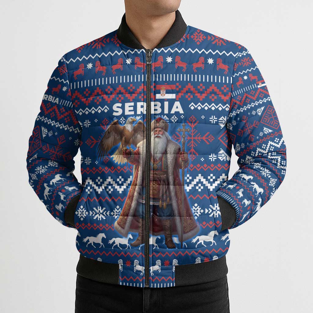 Serbia Christmas Bomber Puffer Jacket with Traditional Santa Eagle Serbian Coat of Arms and Blue Red White Folk Pattern Design - Wonder Print Shop