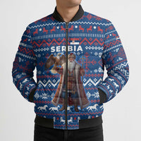 Serbia Christmas Bomber Puffer Jacket with Traditional Santa Eagle Serbian Coat of Arms and Blue Red White Folk Pattern Design - Wonder Print Shop