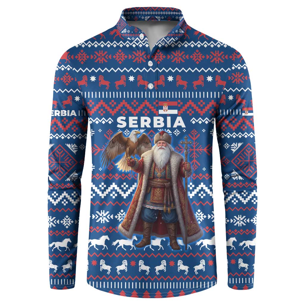 Serbia Christmas Button Sweatshirt with Traditional Santa Eagle Serbian Coat of Arms and Blue Red White Folk Pattern Design - Wonder Print Shop