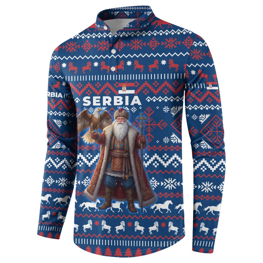 Serbia Christmas Button Sweatshirt with Traditional Santa Eagle Serbian Coat of Arms and Blue Red White Folk Pattern Design - Wonder Print Shop