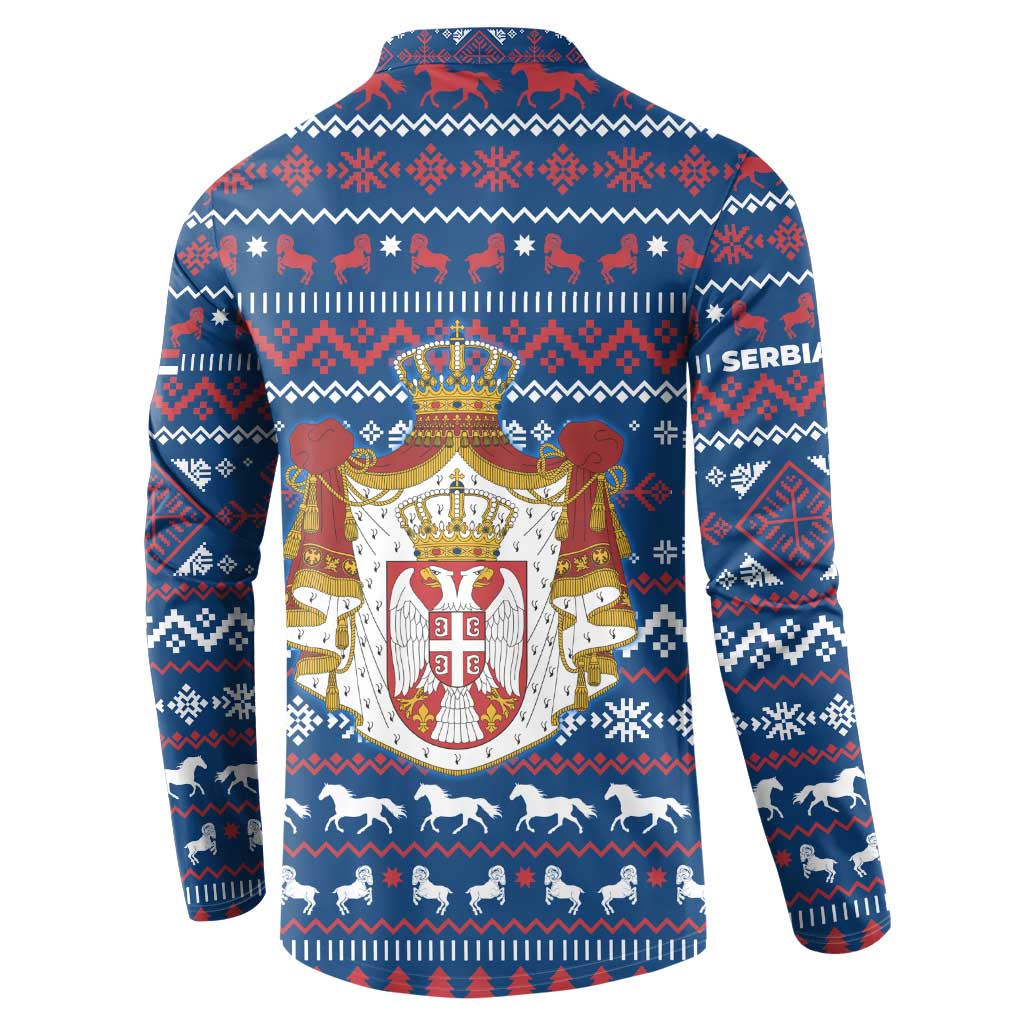 Serbia Christmas Button Sweatshirt with Traditional Santa Eagle Serbian Coat of Arms and Blue Red White Folk Pattern Design - Wonder Print Shop