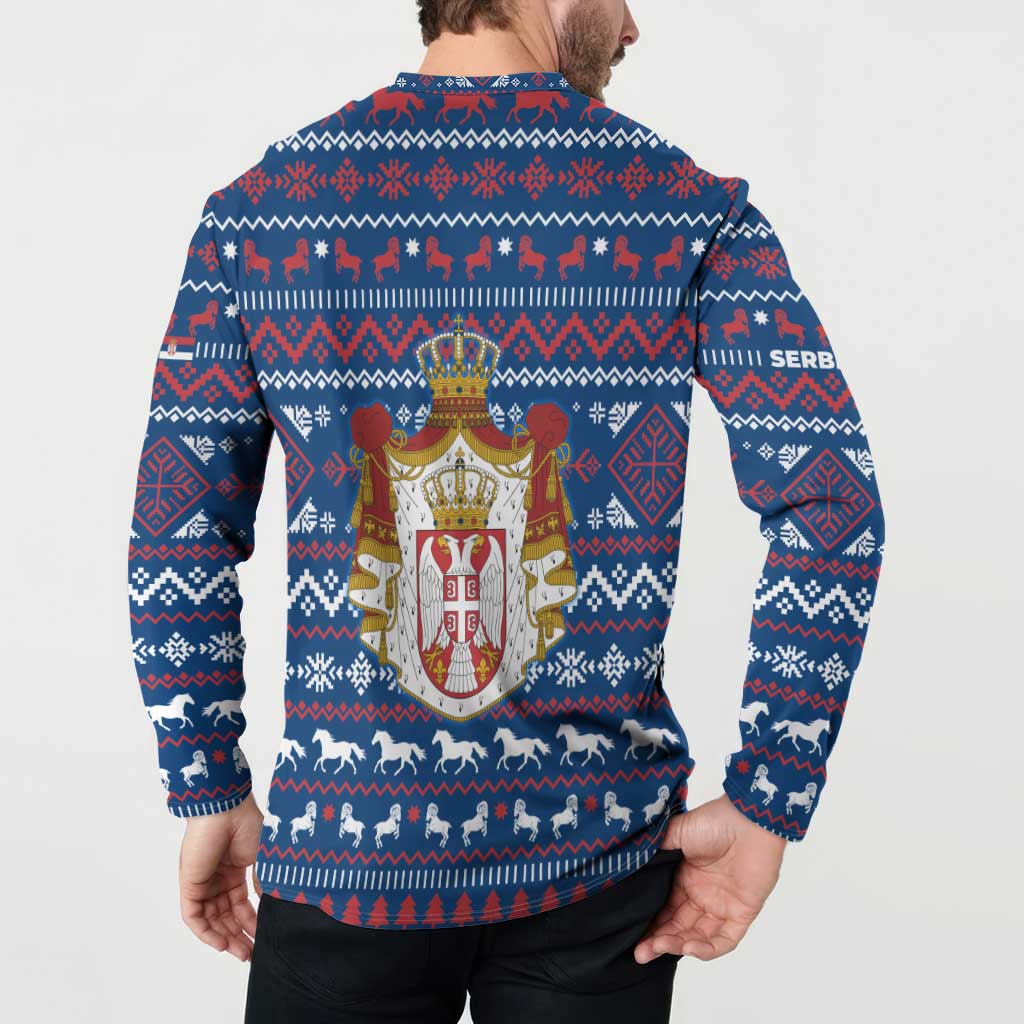 Serbia Christmas Button Sweatshirt with Traditional Santa Eagle Serbian Coat of Arms and Blue Red White Folk Pattern Design - Wonder Print Shop