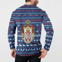 Serbia Christmas Button Sweatshirt with Traditional Santa Eagle Serbian Coat of Arms and Blue Red White Folk Pattern Design - Wonder Print Shop