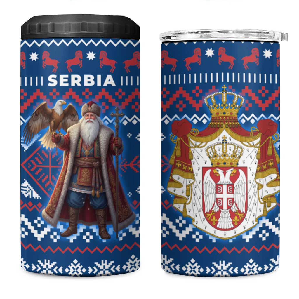 Serbia Christmas 4 in 1 Can Cooler Tumbler with Traditional Santa Eagle Serbian Coat of Arms and Blue Red White Folk Pattern Design - Wonder Print Shop