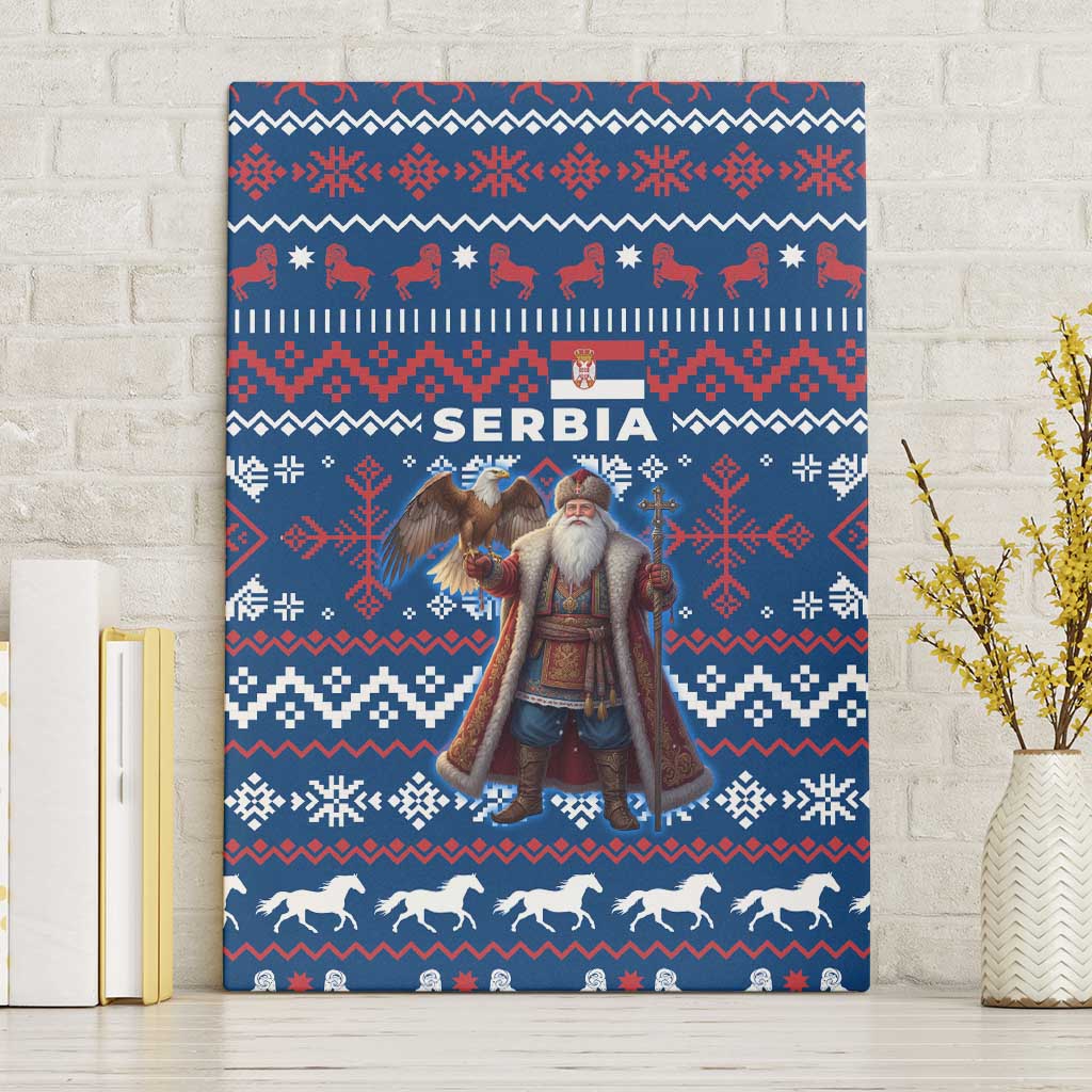 Serbia Christmas Canvas Wall Art with Traditional Santa Eagle Serbian Coat of Arms and Blue Red White Folk Pattern Design - Wonder Print Shop