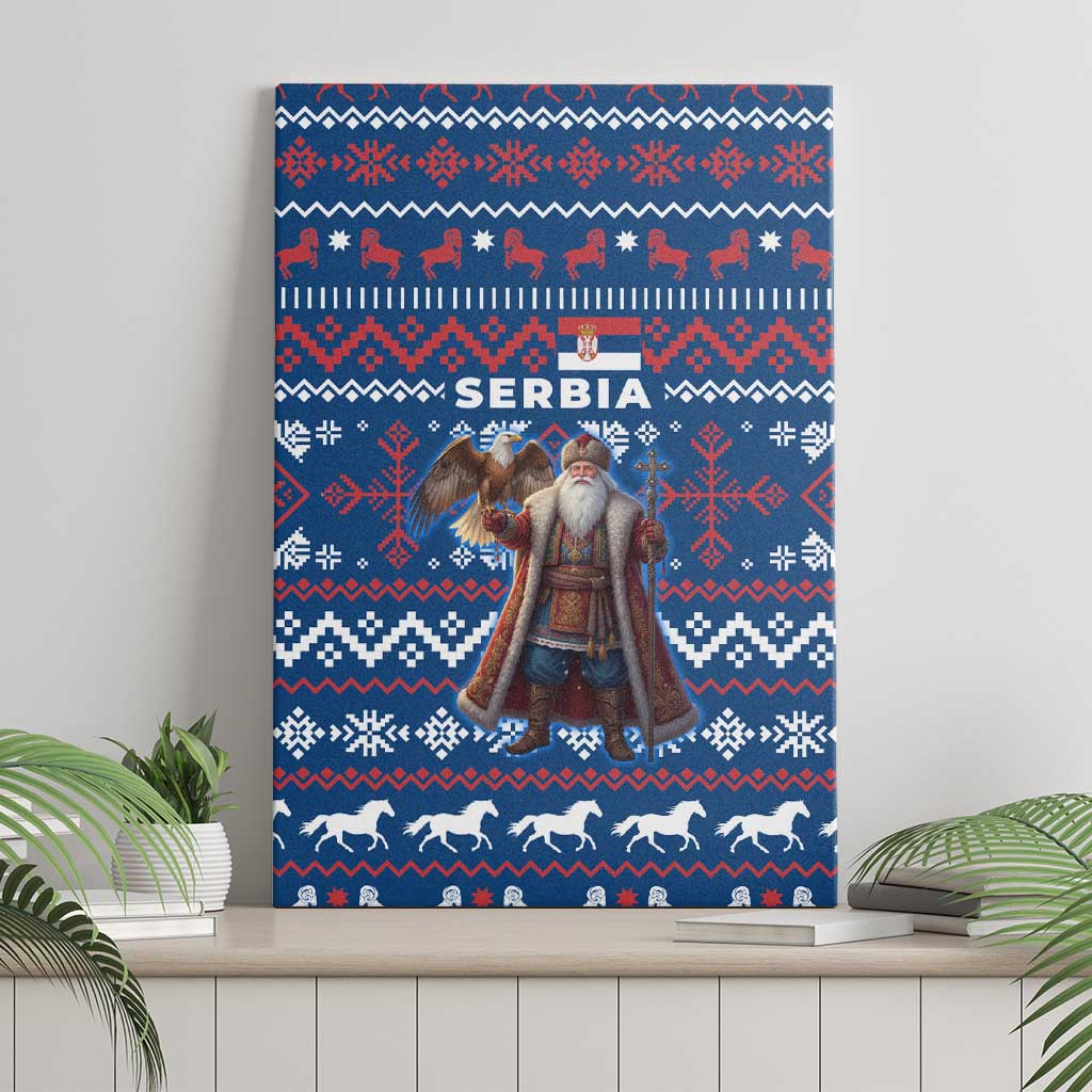 Serbia Christmas Canvas Wall Art with Traditional Santa Eagle Serbian Coat of Arms and Blue Red White Folk Pattern Design - Wonder Print Shop