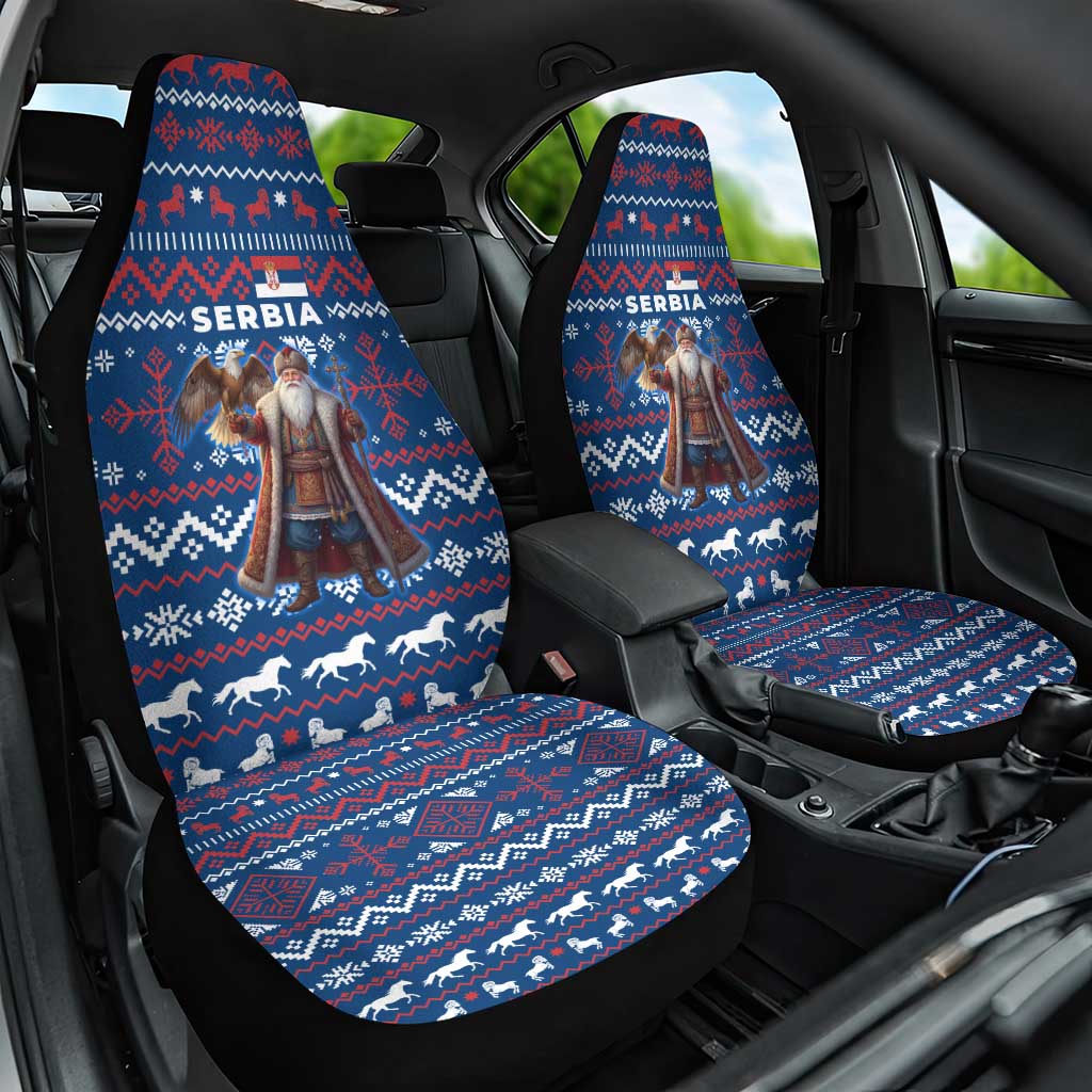 Serbia Christmas Car Seat Cover with Traditional Santa Eagle Serbian Coat of Arms and Blue Red White Folk Pattern Design - Wonder Print Shop