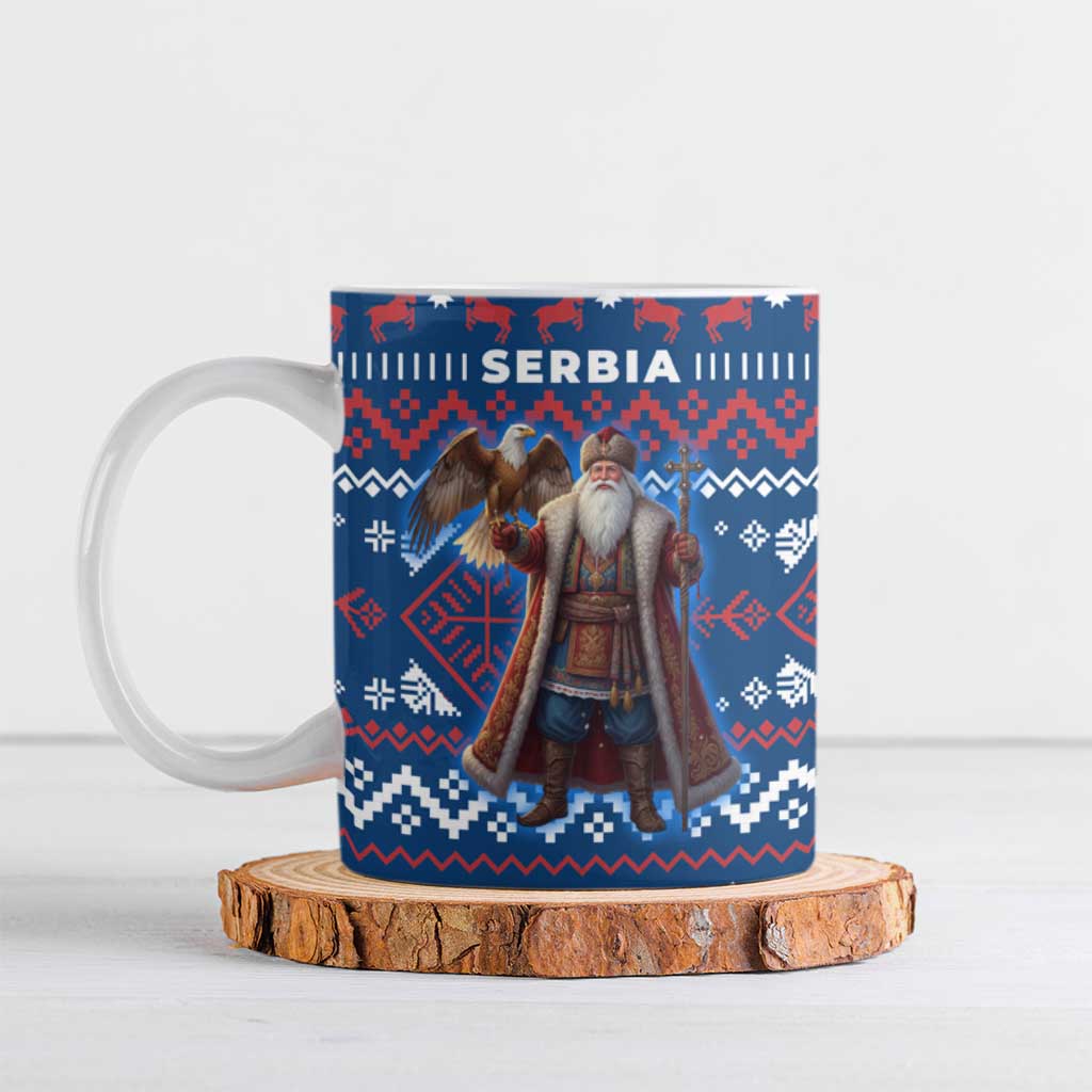 Serbia Christmas Ceramic Mug with Traditional Santa Eagle Serbian Coat of Arms and Blue Red White Folk Pattern Design - Wonder Print Shop