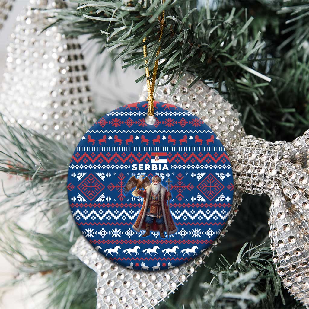 Serbia Christmas Ceramic Ornament with Traditional Santa Eagle Serbian Coat of Arms and Blue Red White Folk Pattern Design - Wonder Print Shop