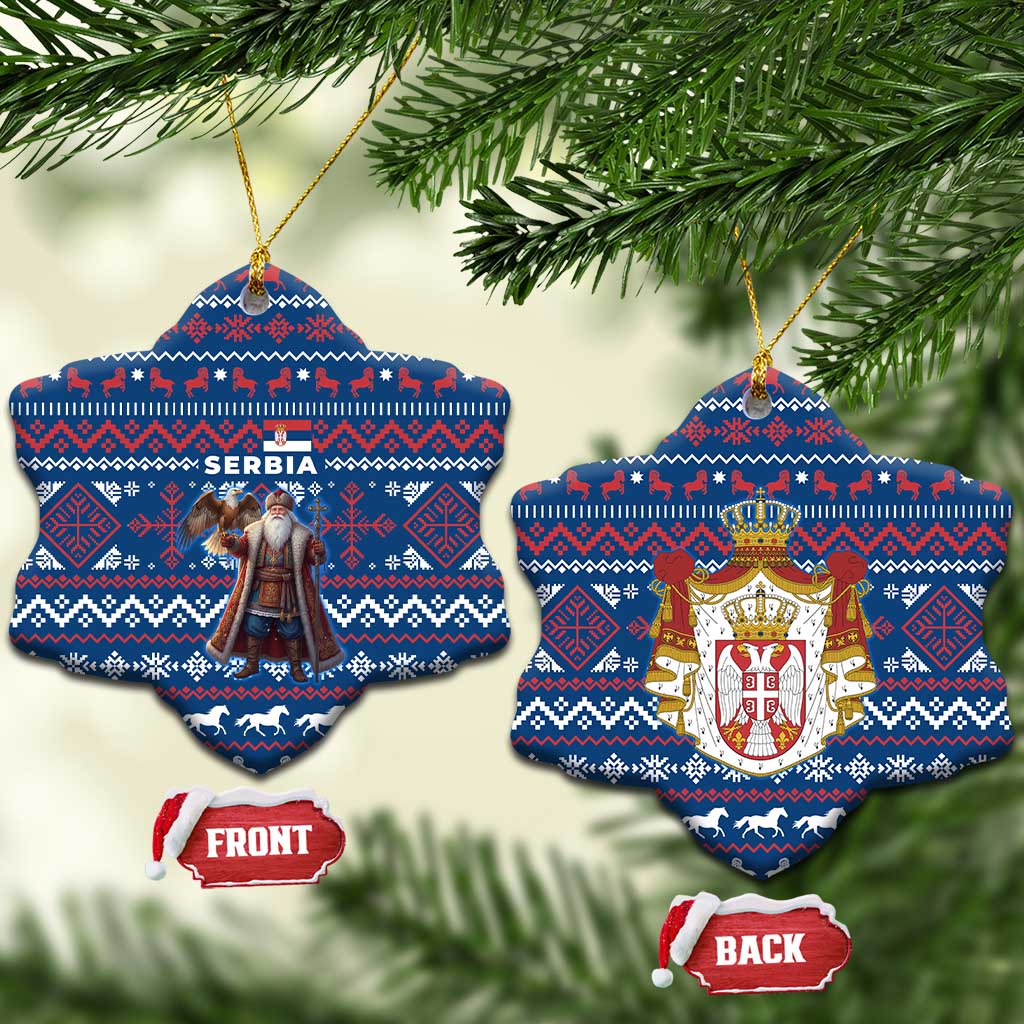 Serbia Christmas Ceramic Ornament with Traditional Santa Eagle Serbian Coat of Arms and Blue Red White Folk Pattern Design - Wonder Print Shop
