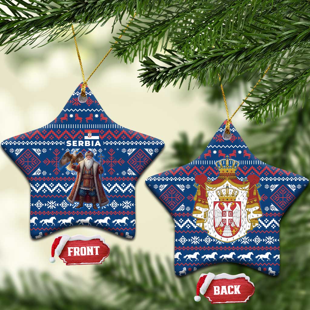 Serbia Christmas Ceramic Ornament with Traditional Santa Eagle Serbian Coat of Arms and Blue Red White Folk Pattern Design - Wonder Print Shop