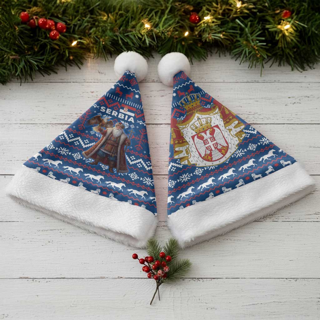 Serbia Christmas Santa Hat with Traditional Santa Eagle Serbian Coat of Arms and Blue Red White Folk Pattern Design - Wonder Print Shop