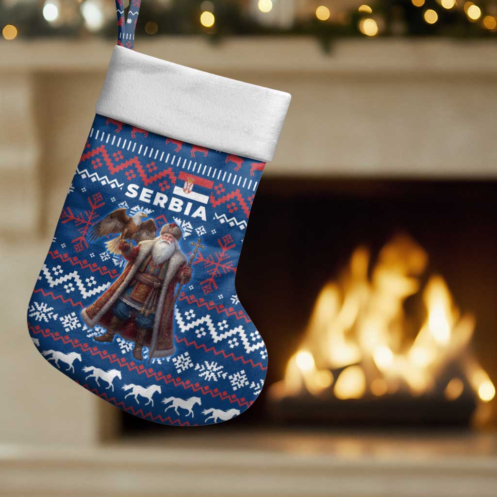 Serbia Christmas Stocking with Traditional Santa Eagle Serbian Coat of Arms and Blue Red White Folk Pattern Design - Wonder Print Shop