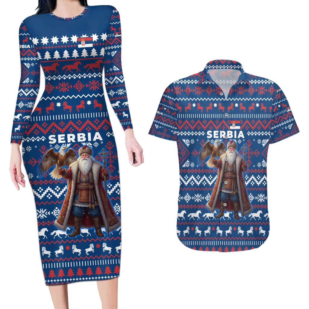 Serbia Christmas Couples Matching Long Sleeve Bodycon Dress and Hawaiian Shirt with Traditional Santa Eagle Serbian Coat of Arms and Blue Red White Folk Pattern Design - Wonder Print Shop