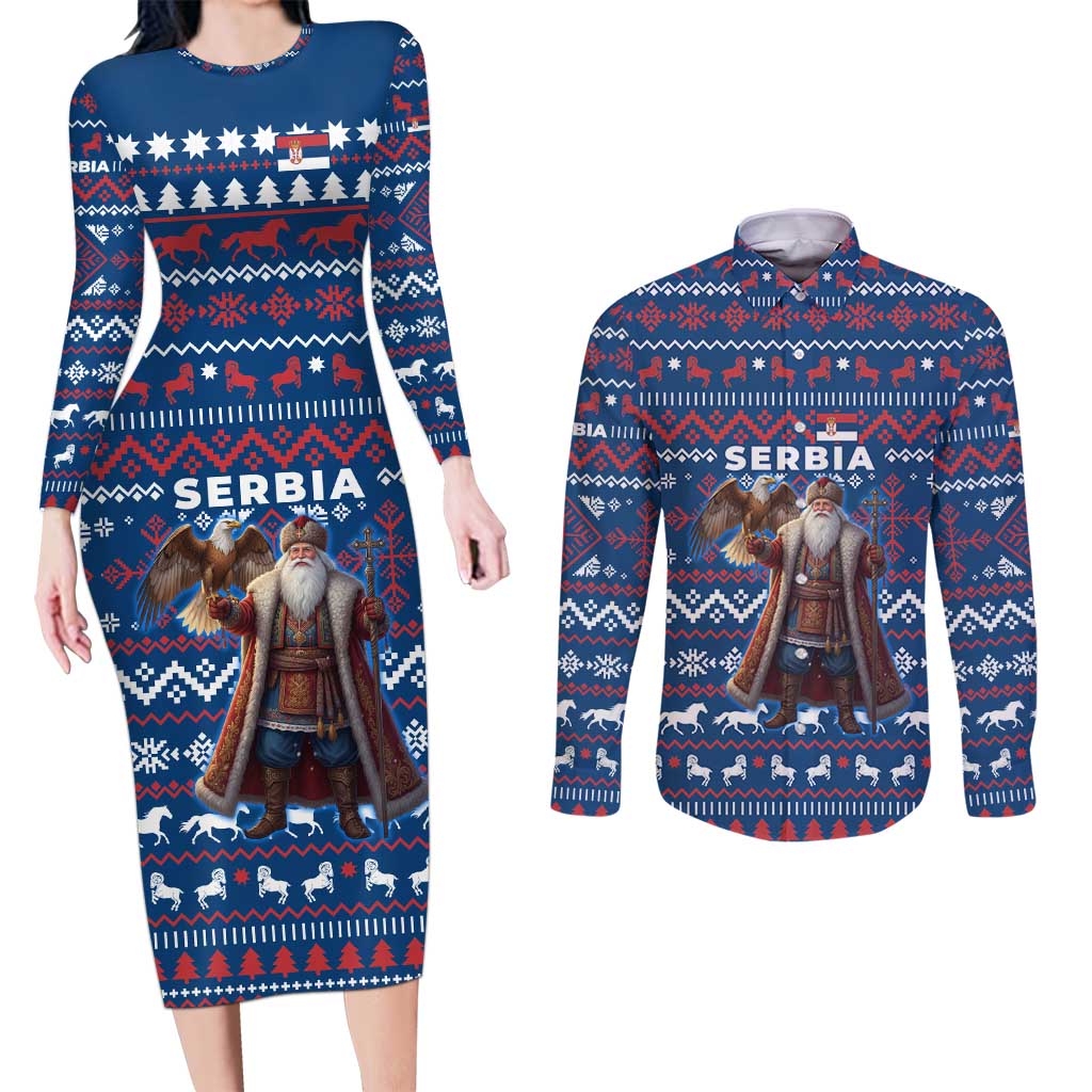 Serbia Christmas Couples Matching Long Sleeve Bodycon Dress and Long Sleeve Button Shirt with Traditional Santa Eagle Serbian Coat of Arms and Blue Red White Folk Pattern Design - Wonder Print Shop