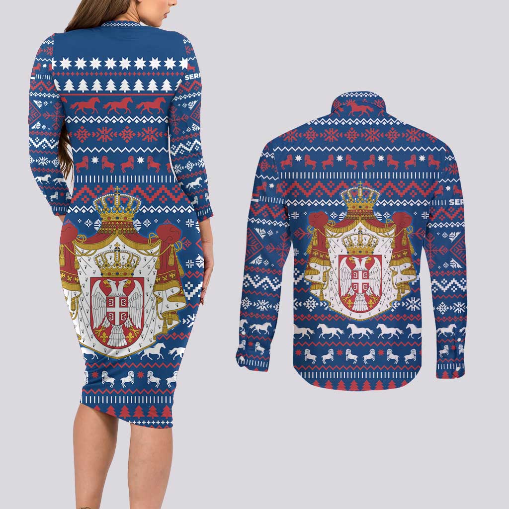 Serbia Christmas Couples Matching Long Sleeve Bodycon Dress and Long Sleeve Button Shirt with Traditional Santa Eagle Serbian Coat of Arms and Blue Red White Folk Pattern Design - Wonder Print Shop