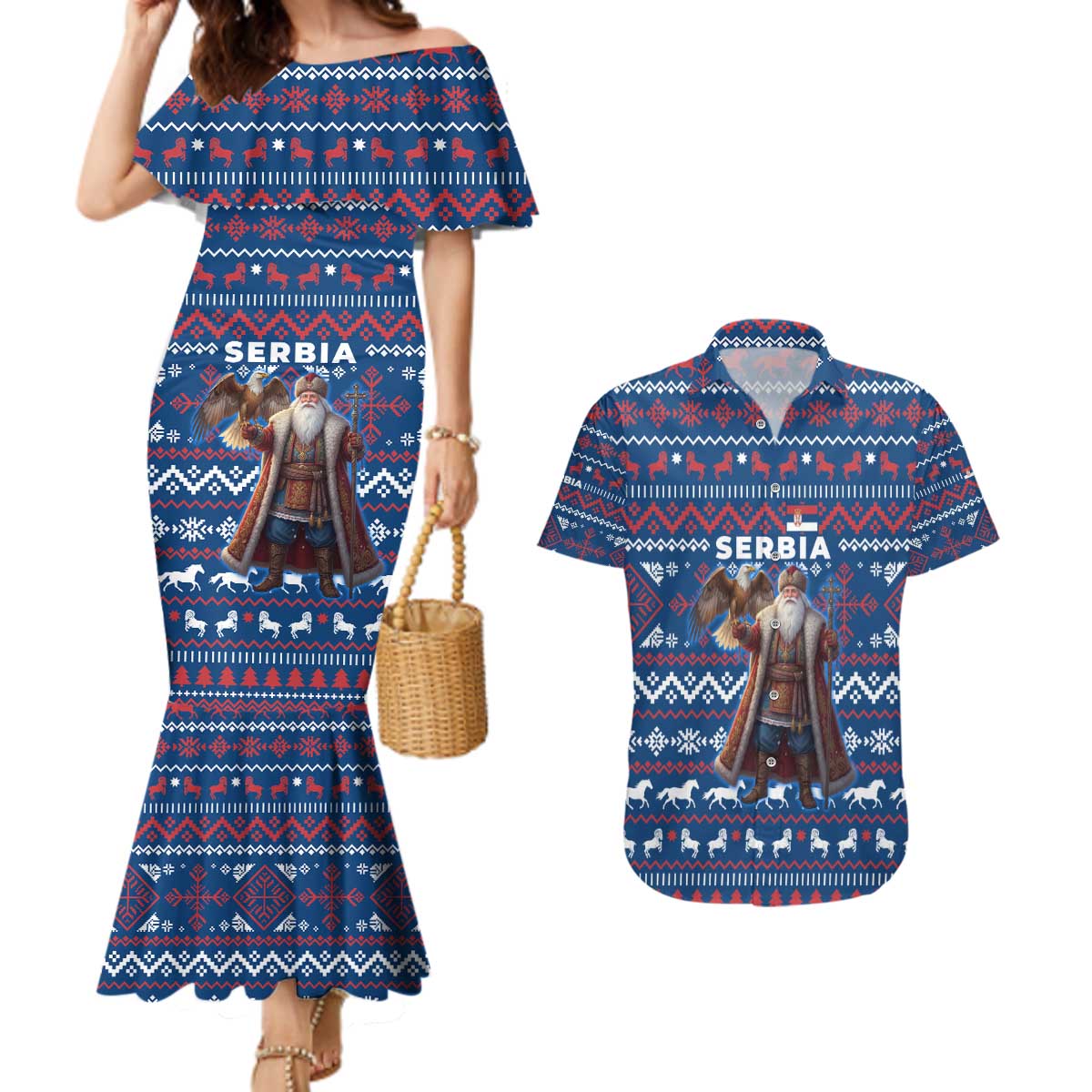 Serbia Christmas Couples Matching Mermaid Dress and Hawaiian Shirt with Traditional Santa Eagle Serbian Coat of Arms and Blue Red White Folk Pattern Design - Wonder Print Shop
