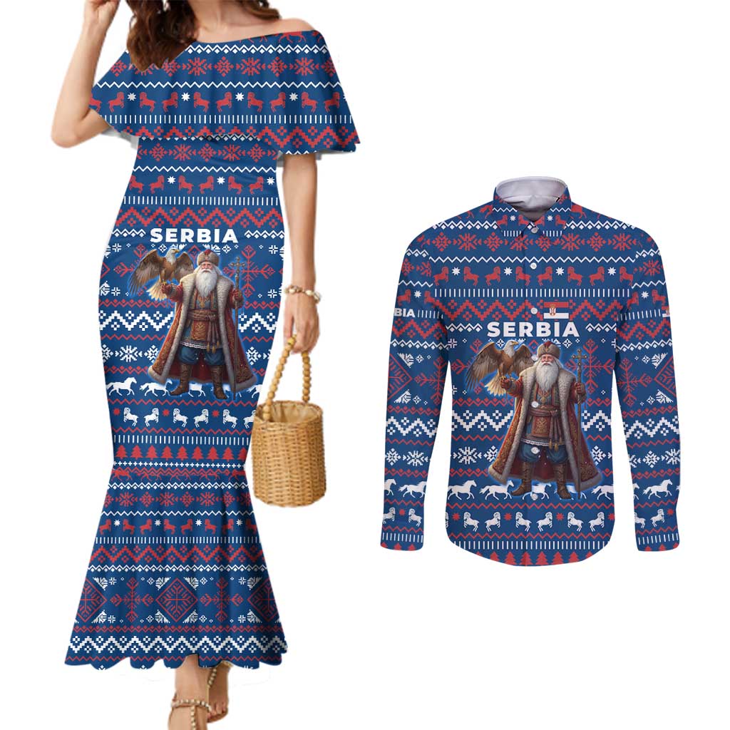 Serbia Christmas Couples Matching Mermaid Dress and Long Sleeve Button Shirt with Traditional Santa Eagle Serbian Coat of Arms and Blue Red White Folk Pattern Design - Wonder Print Shop