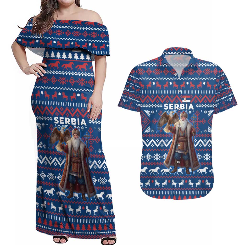 Serbia Christmas Couples Matching Off Shoulder Maxi Dress and Hawaiian Shirt with Traditional Santa Eagle Serbian Coat of Arms and Blue Red White Folk Pattern Design - Wonder Print Shop