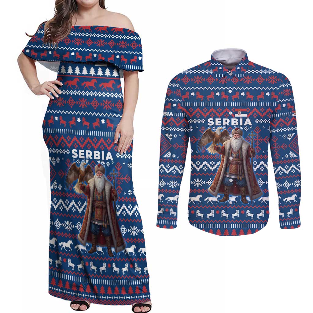 Serbia Christmas Couples Matching Off Shoulder Maxi Dress and Long Sleeve Button Shirt with Traditional Santa Eagle Serbian Coat of Arms and Blue Red White Folk Pattern Design - Wonder Print Shop