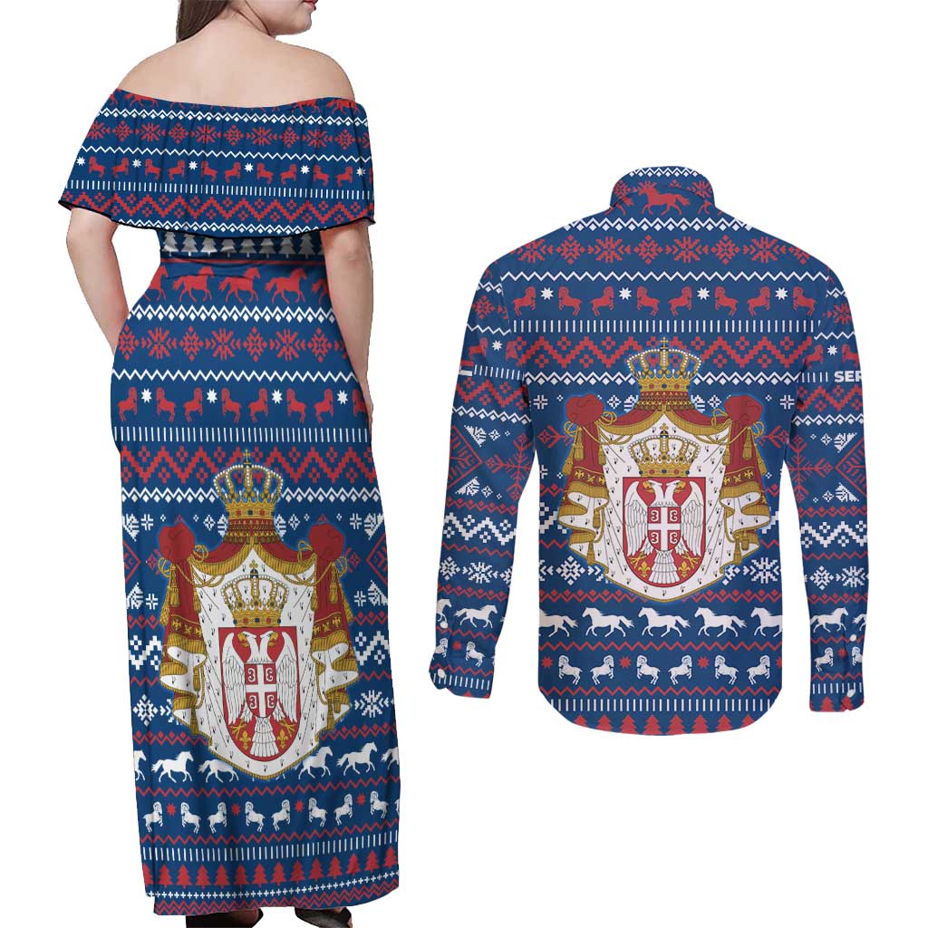 Serbia Christmas Couples Matching Off Shoulder Maxi Dress and Long Sleeve Button Shirt with Traditional Santa Eagle Serbian Coat of Arms and Blue Red White Folk Pattern Design - Wonder Print Shop